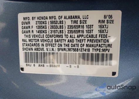 2006 Honda Odyssey Ex-L z USA, uszkodzony, nr VIN 5FNRL38756B127418